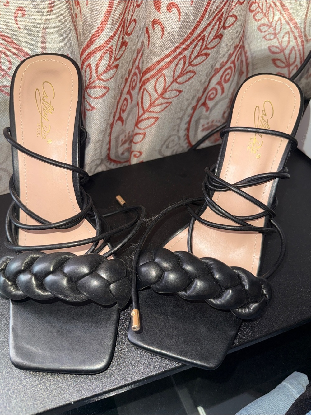 Braided Lace-Up Black Heeled Sandals